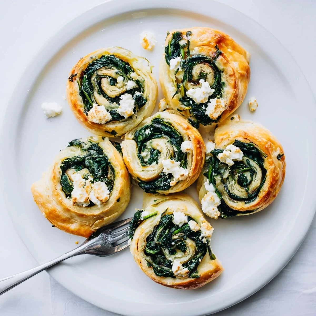Warm gluten free spinach and feta pinwheels with flaky golden layers ready for serving