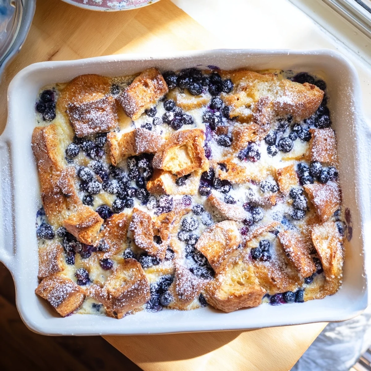 Golden blueberry cream cheese croissant casserole fresh from oven with powdered sugar dusting