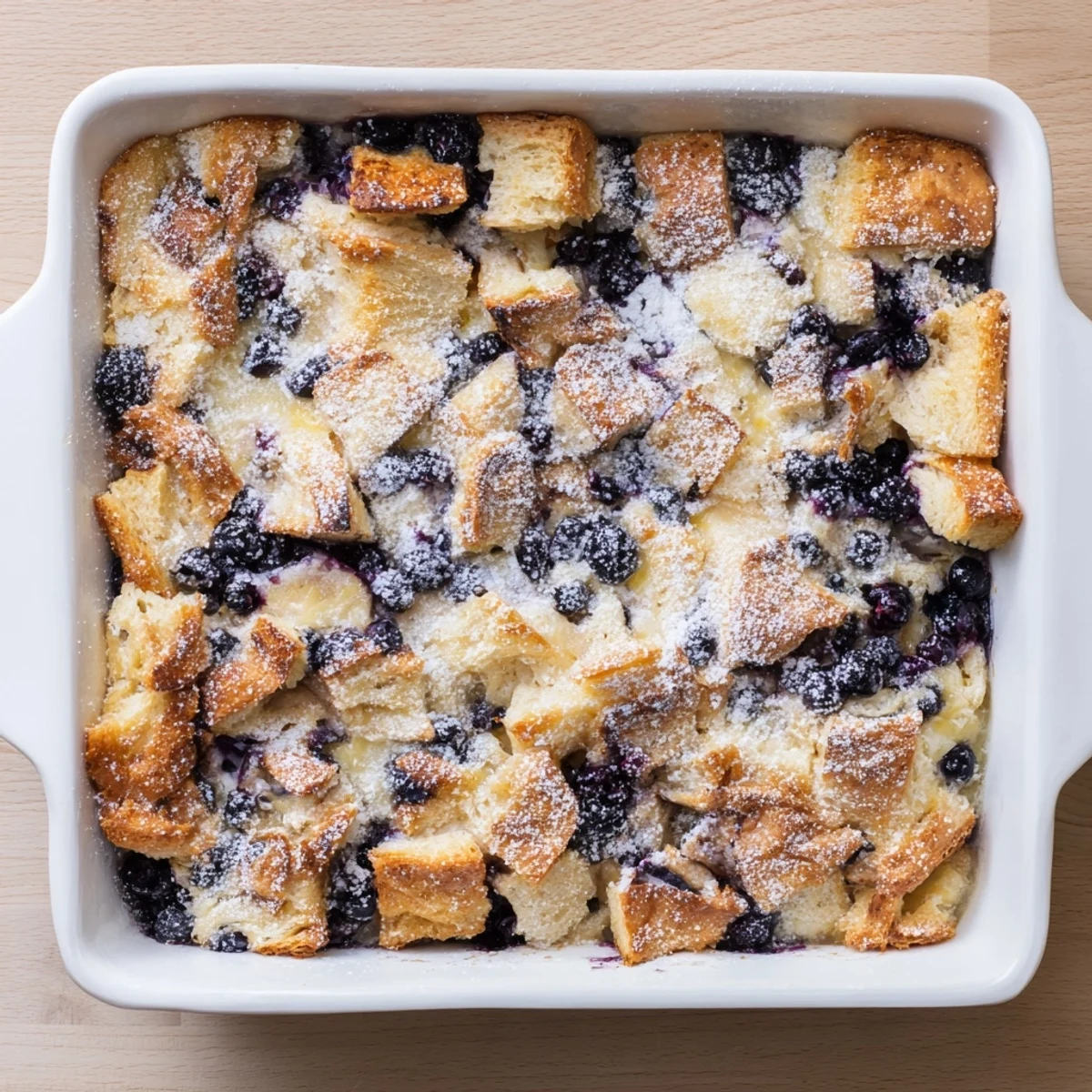 Baked breakfast casserole featuring buttery croissants layered with sweet cream cheese and juicy blueberries