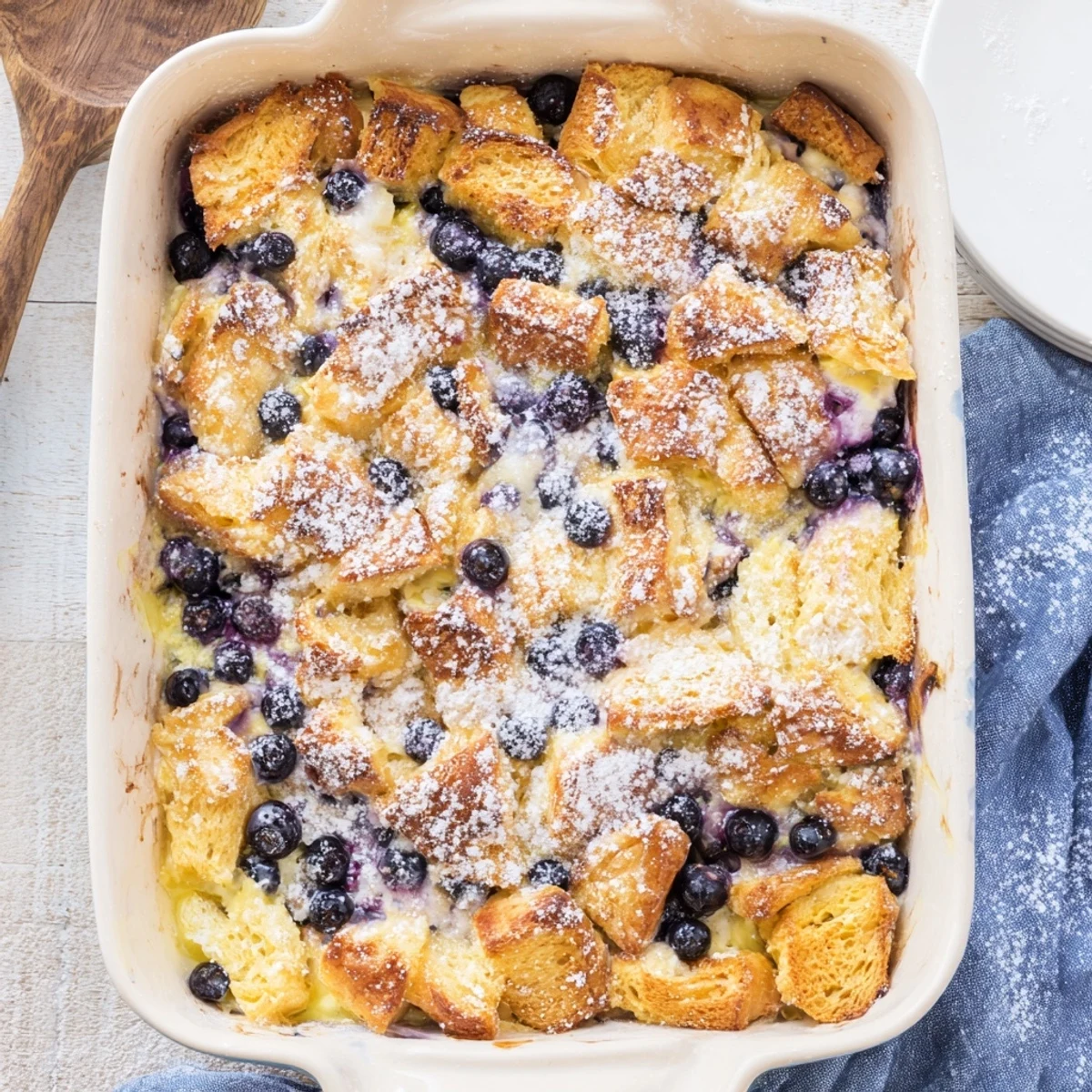 Warm blueberry cream cheese croissant casserole serving square drizzled with maple syrup for brunch
