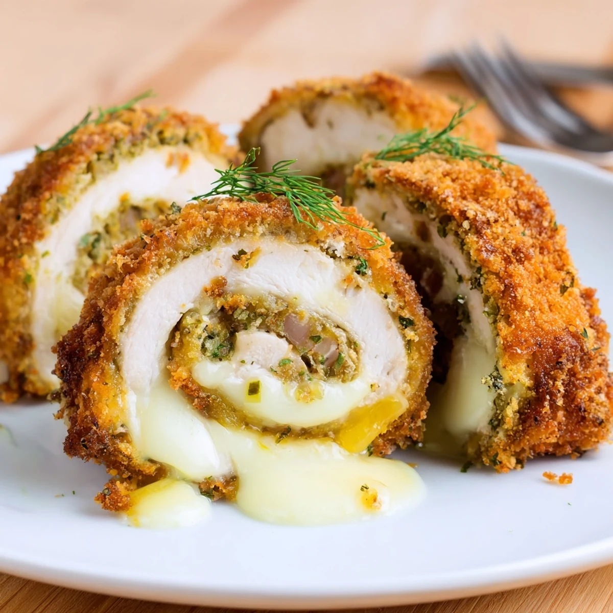 A plate of sliced Crispy Pickle Brined Chicken Rolls reveals tangy brine, crunchy panko