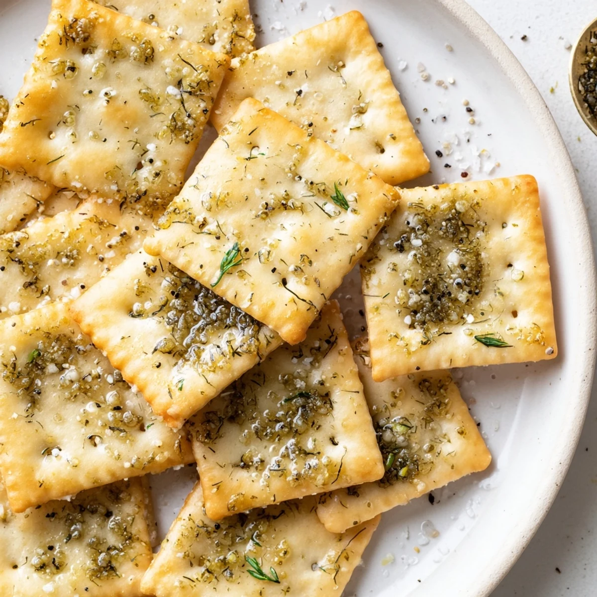 Dill Pickle Saltines, crusty and tangy, oven-baked, cooling on baking sheet