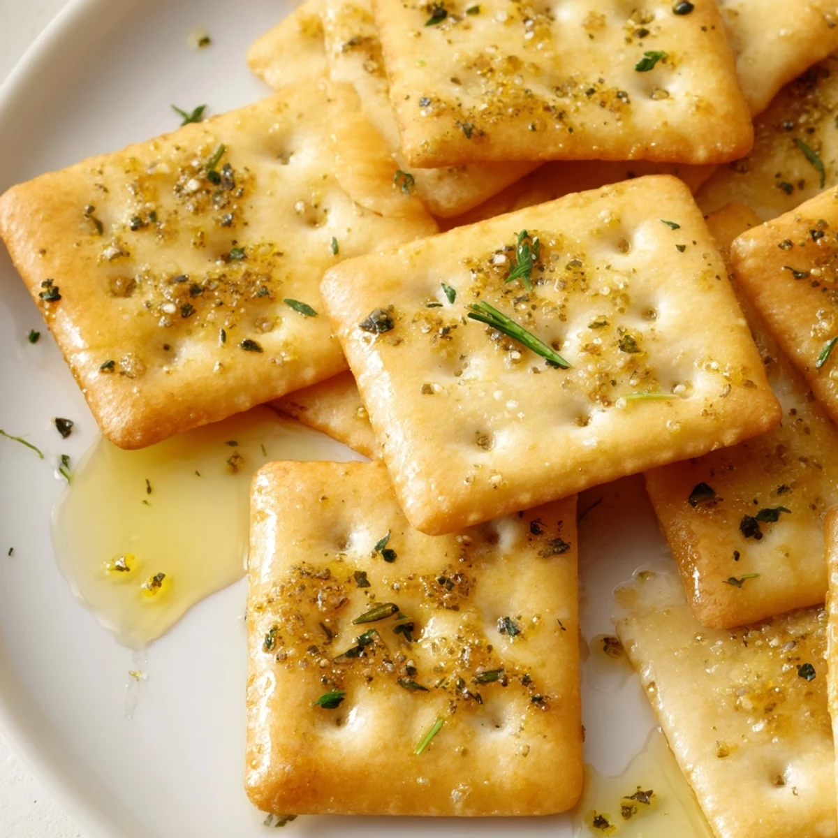 Golden Dill Pickle Saltines piled beside creamy dip with fragrant dill garnish