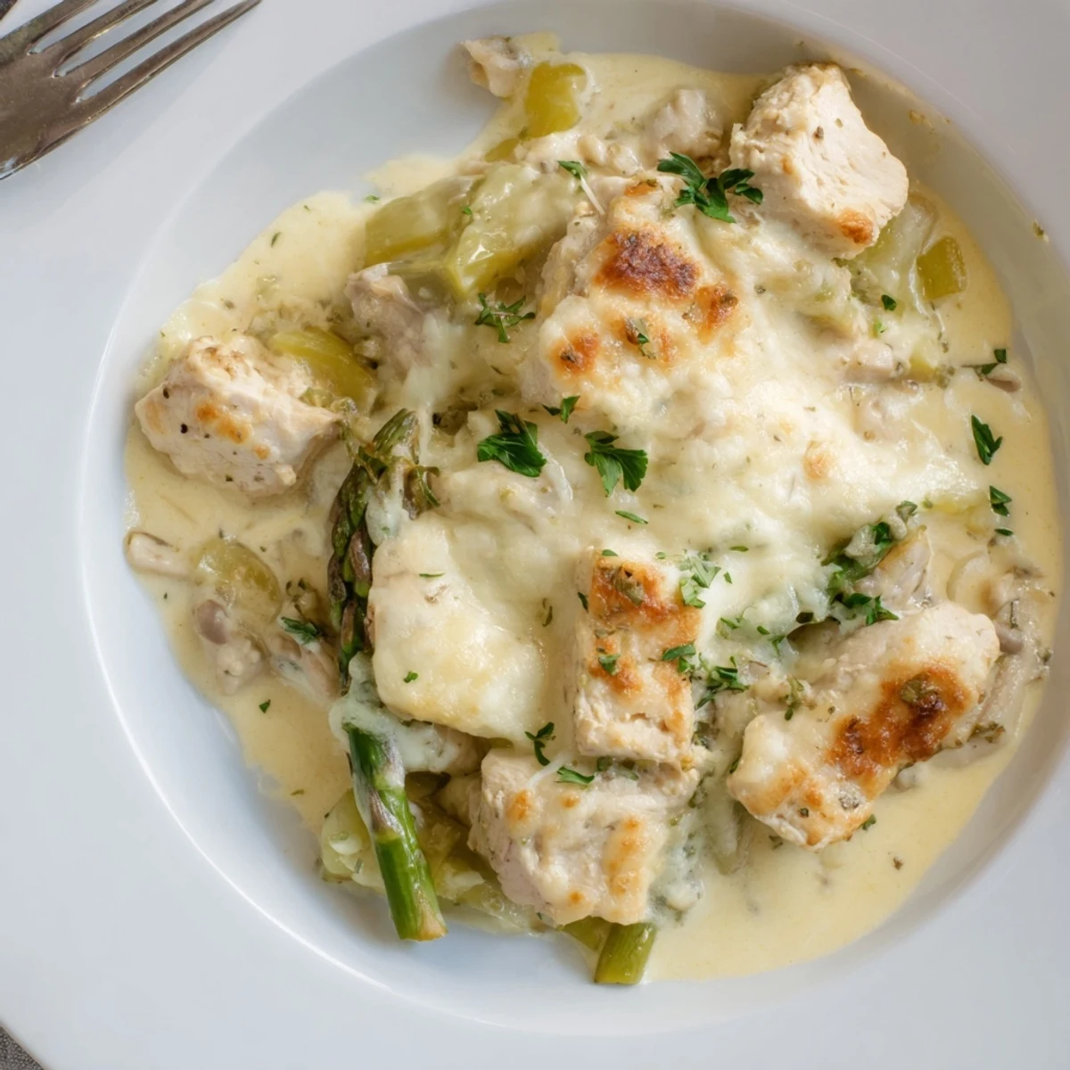 Creamy Chicken Asparagus Bake bubbling golden, tender chicken and crisp asparagus visible