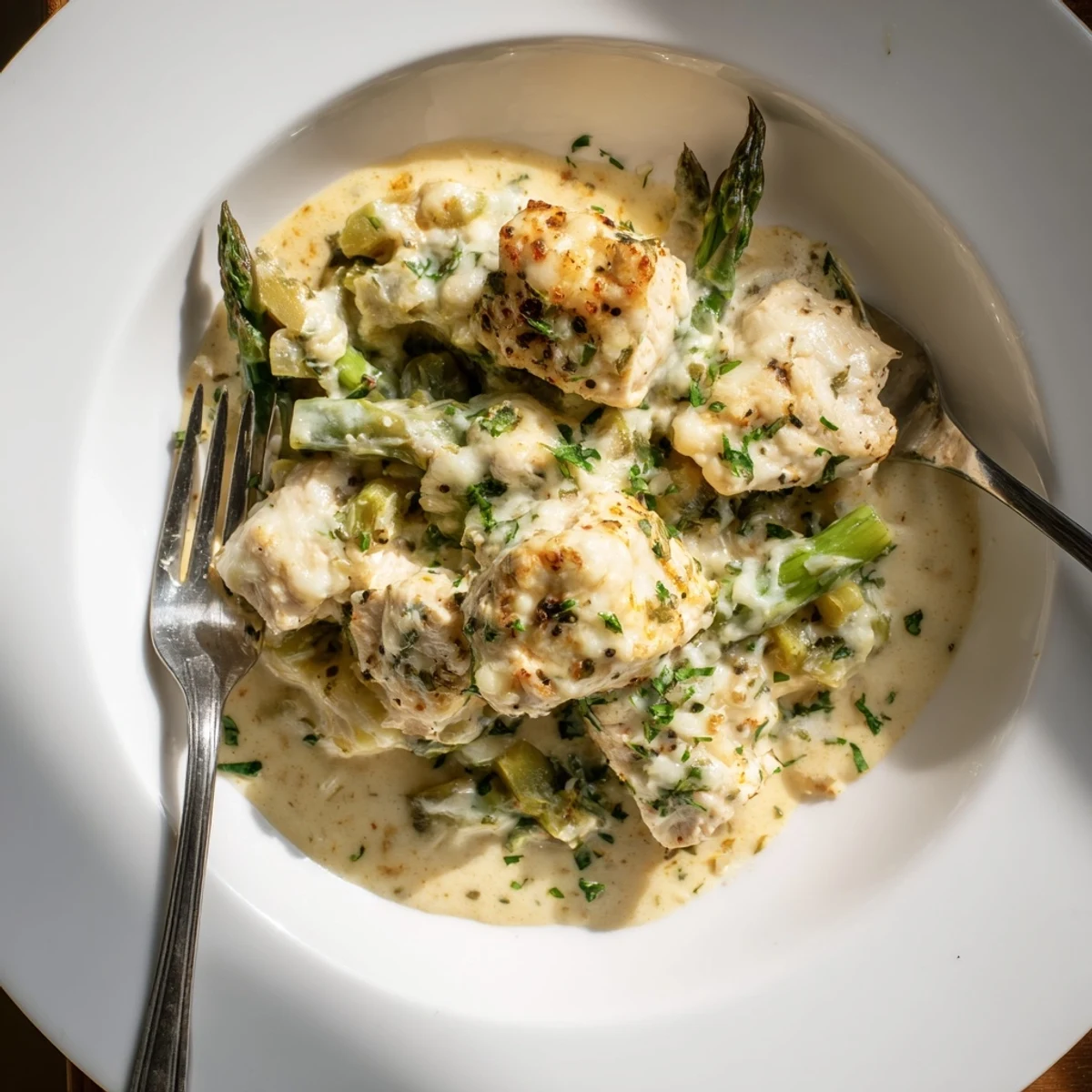 Serving suggestion: Creamy Chicken Asparagus Bake plated with parsley and crusty bread
