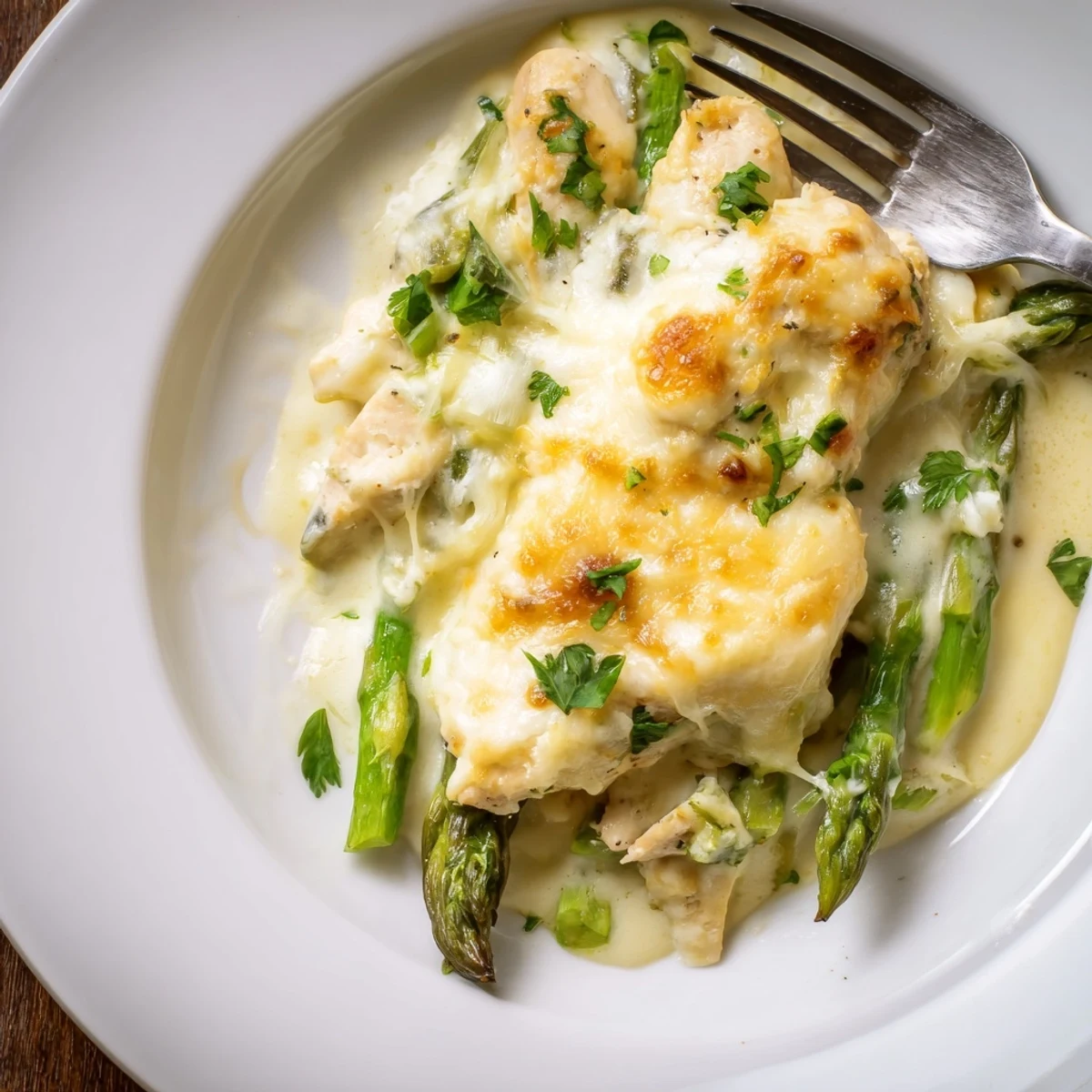 Close-up of creamy sauce coating chicken in Creamy Chicken Asparagus Bake, steam rising