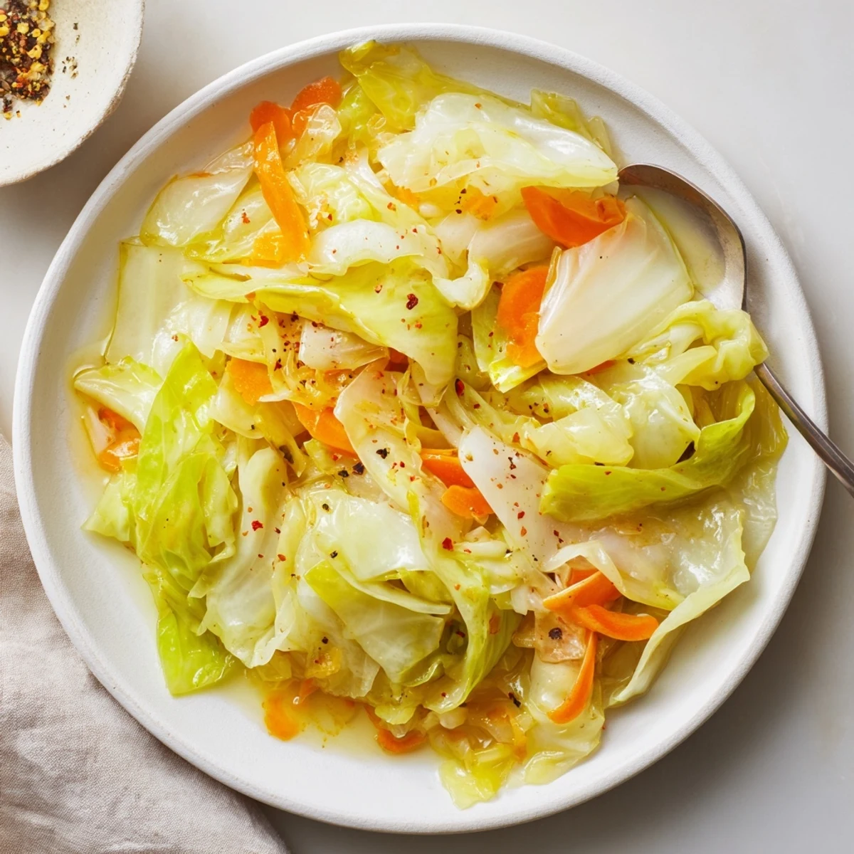 Heaping bowl of Savory Braised Cabbage Recipe, brightened with apple cider vinegar