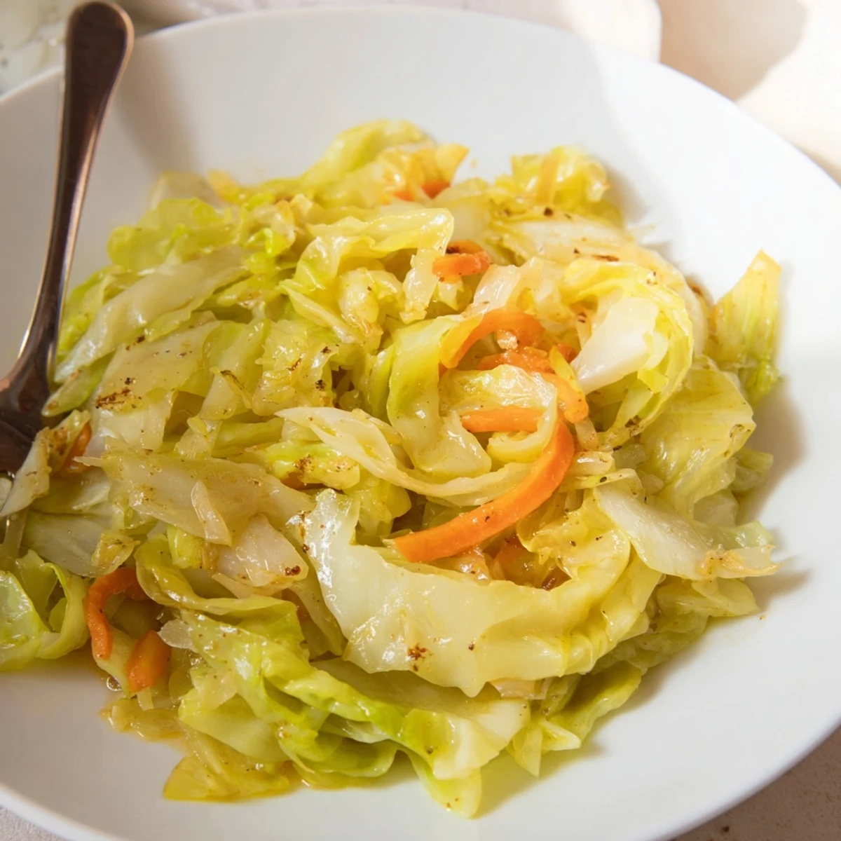 Savory Braised Cabbage Recipe served hot beside roasted sausages for cozy weeknight dinner