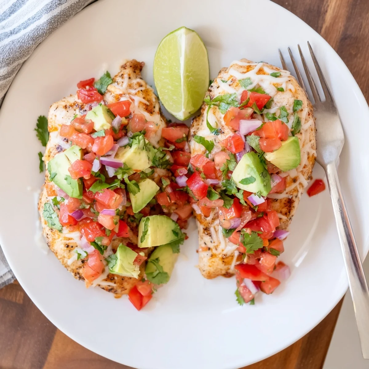 Salsa Fresca Chicken Bake with bubbling cheese, bright tomato salsa topping