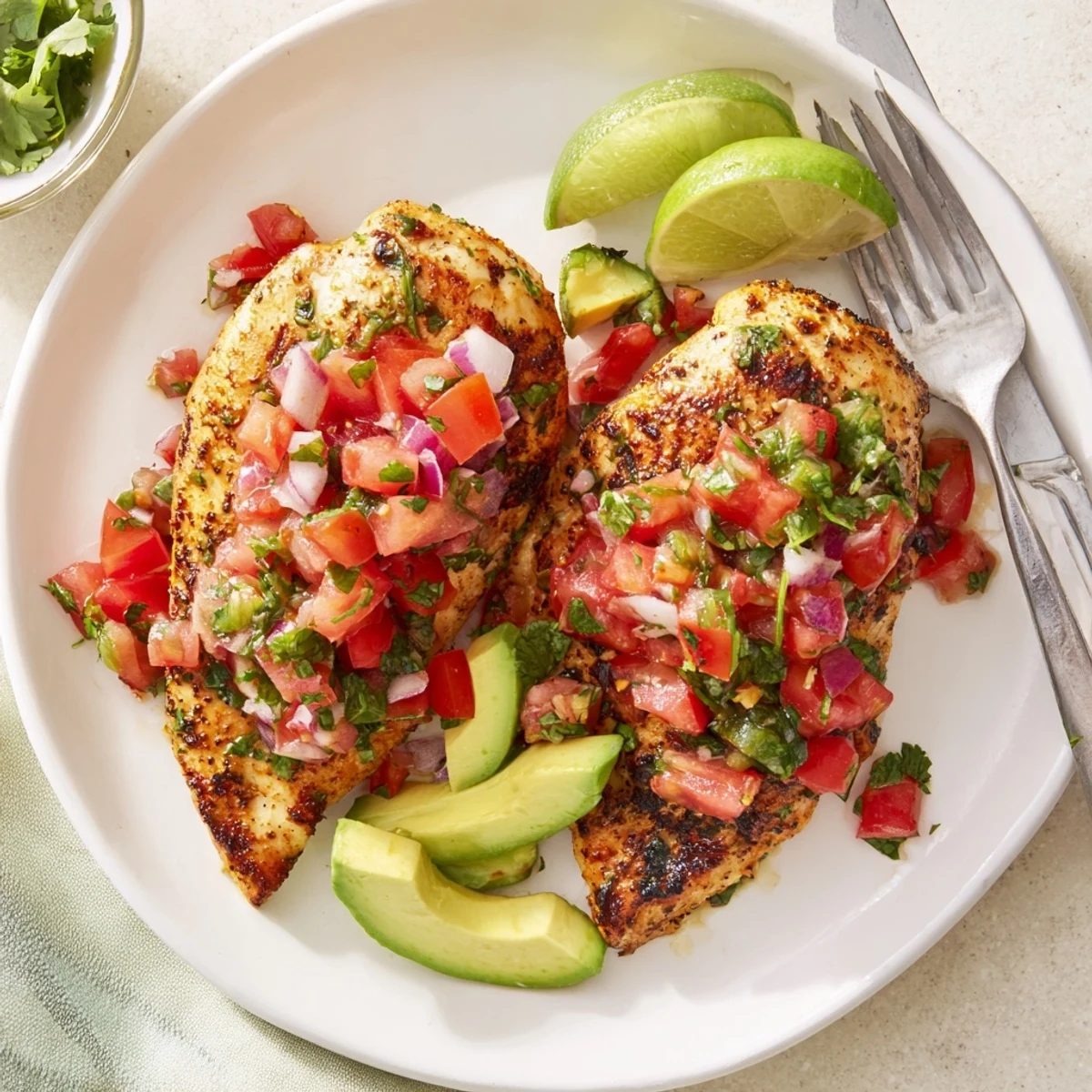 Oven-finished Salsa Fresca Chicken Bake resting with avocado slices and lime
