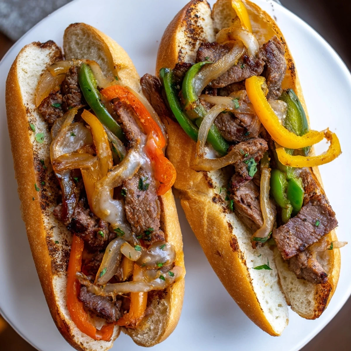Sizzling Philly Cheesesteak Garlic Bread layered with seared steak, sauteed peppers