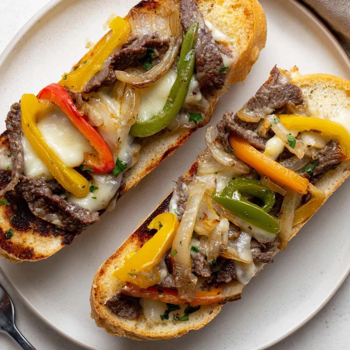 Hearty Philly Cheesesteak Garlic Bread served warm on a baking tray