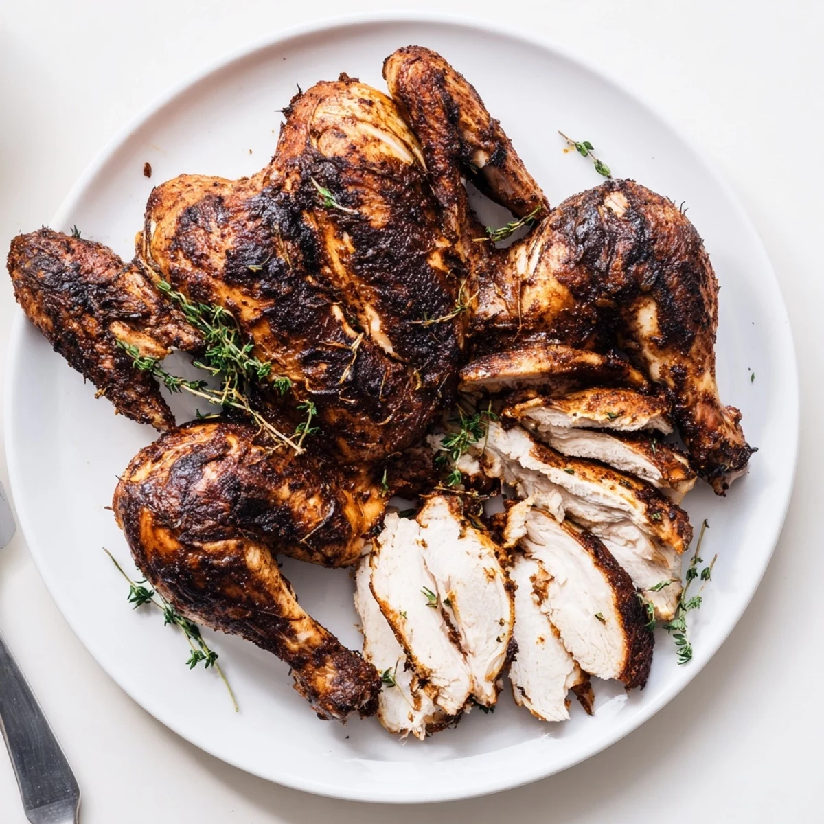 Buttermilk Roasted Chicken with golden, crisp skin resting on carving board