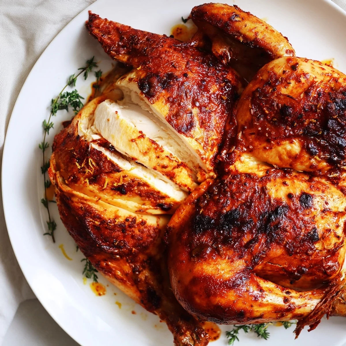 Sliced Buttermilk Roasted Chicken steaming, juicy meat paired with fresh herbs
