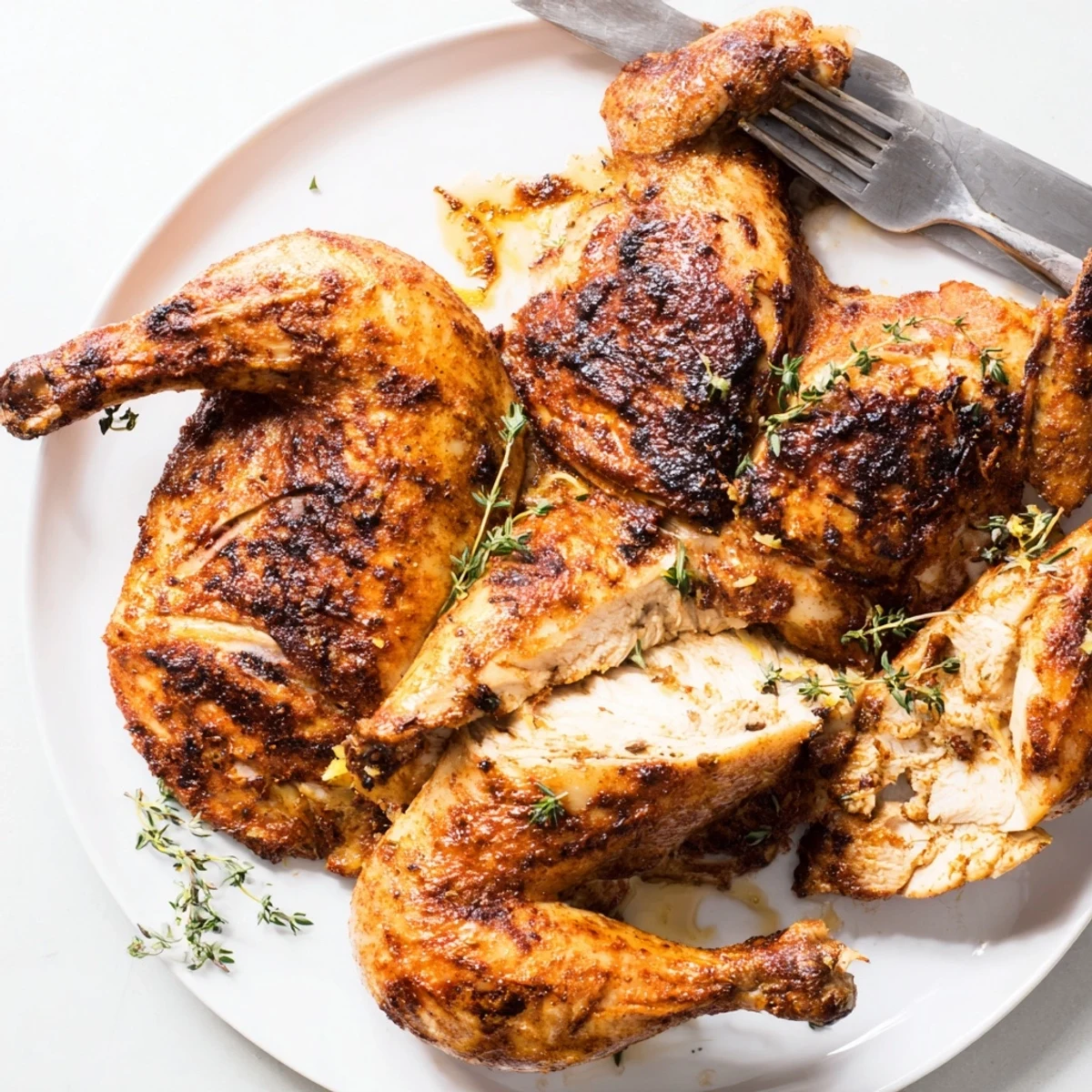 Whole Buttermilk Roasted Chicken resting on sheet pan, herb-scented aroma
