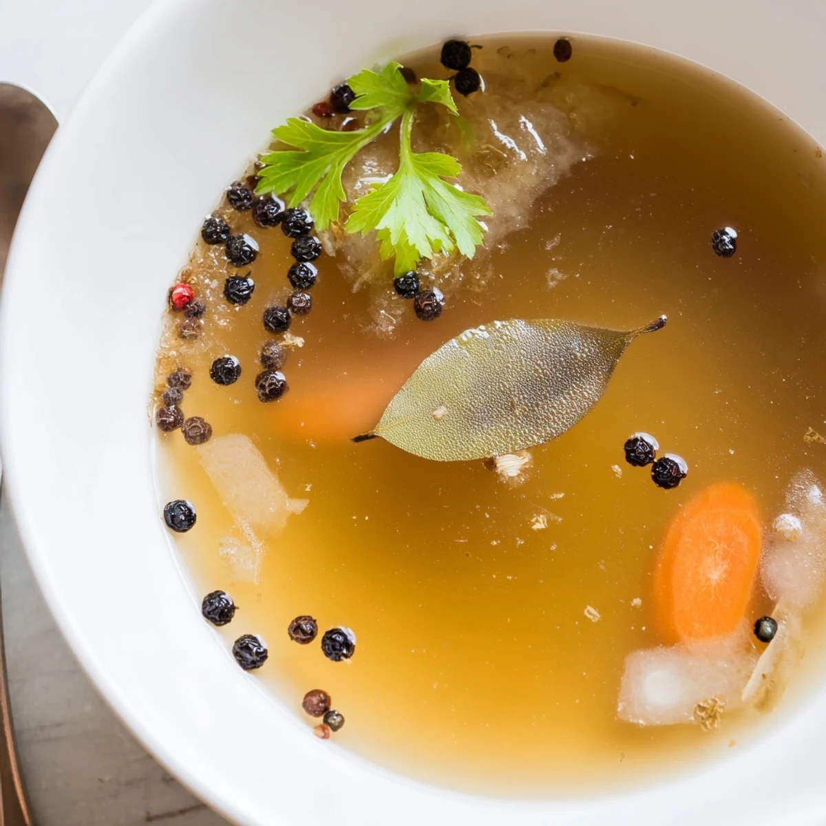 Steaming mug of Beef Bone Broth, golden, savory aroma, garnished with parsley