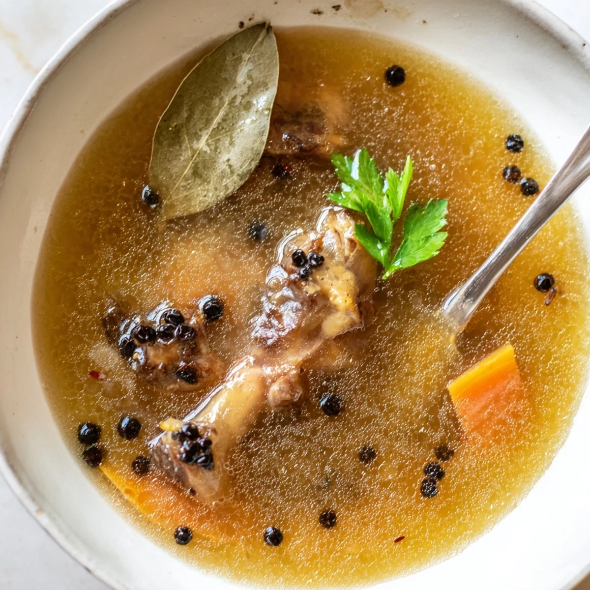Gelatinous Beef Bone Broth ladled into cup, sipping suggestion: hot and nourishing