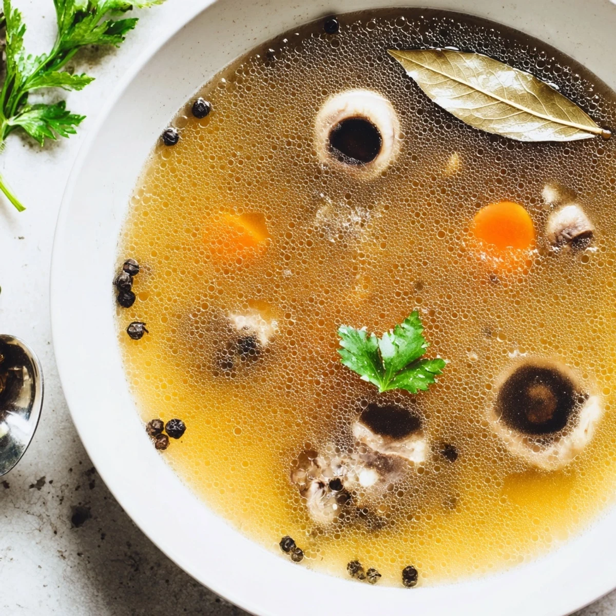 Rustic pot simmering Beef Bone Broth, warm, fragrant, vegetables peeking through