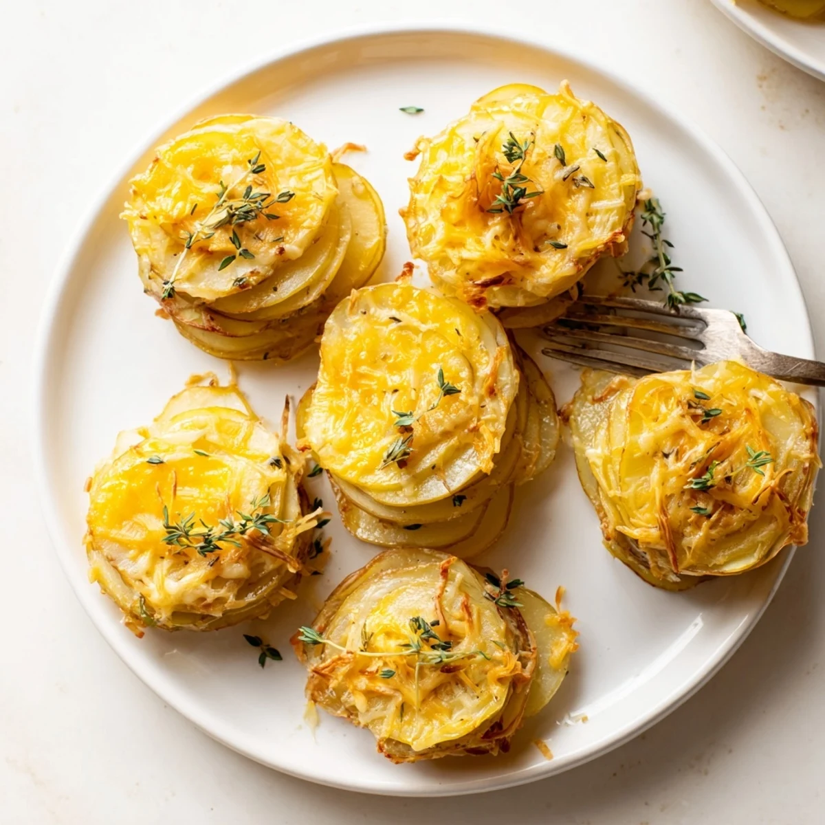 Golden cheese scalloped potato stacks arranged in muffin tins with crispy edges