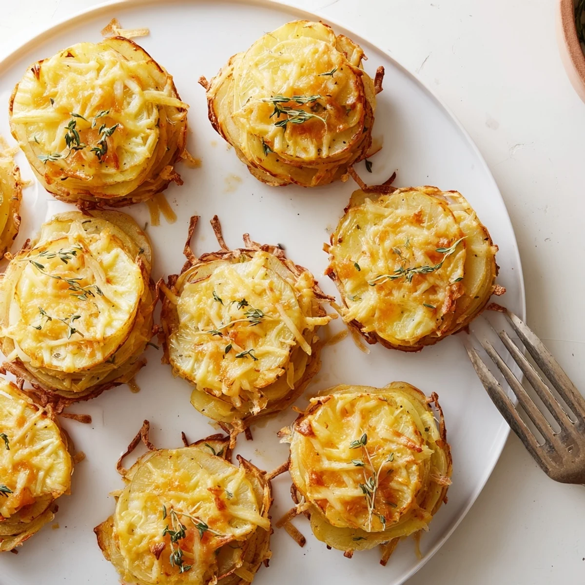 Individual potato layers baked with sharp cheddar and gruyère in a muffin pan
