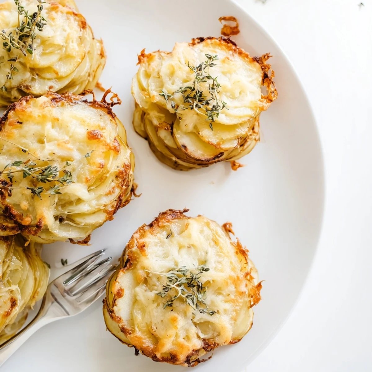 Creamy cheese scalloped potato stacks topped with fresh thyme and golden melted cheese