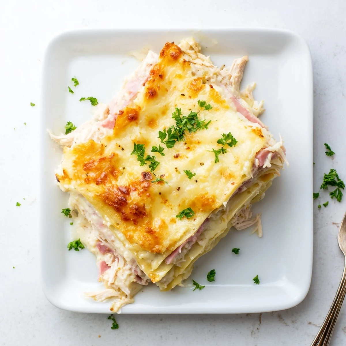 Golden bubbly Chicken Cordon Bleu Lasagna fresh from oven with melted cheese layers