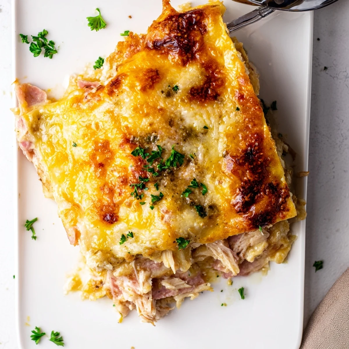 Sliced Chicken Cordon Bleu Lasagna revealing tender ham and shredded chicken between pasta sheets