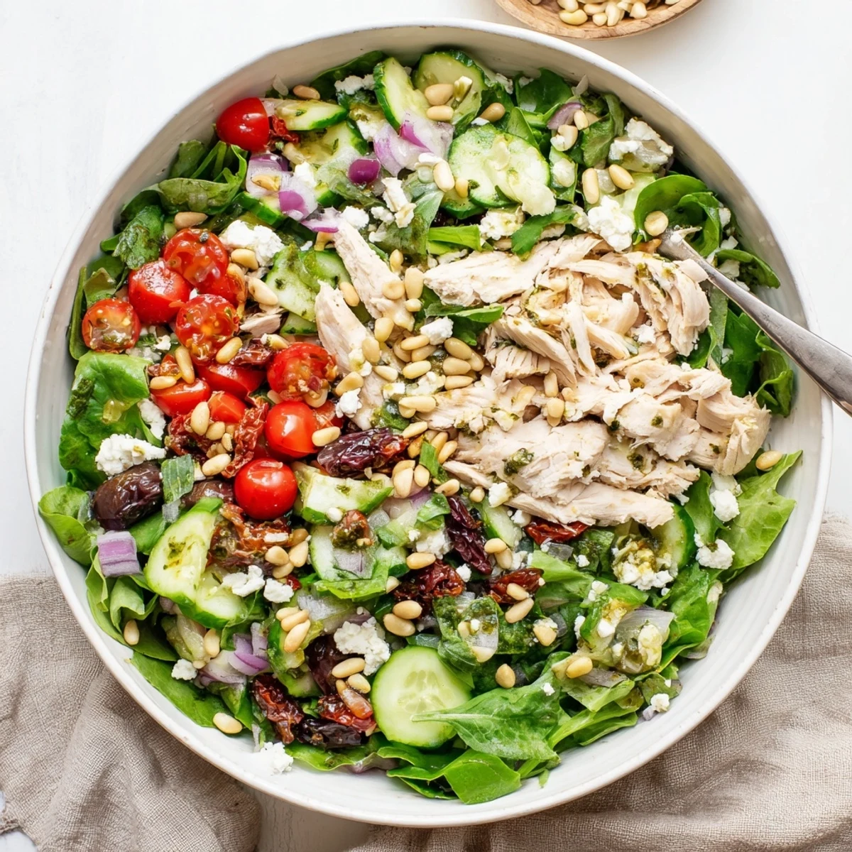Mediterranean-style sun-dried tomato chicken salad featuring tender chicken breast, cherry tomatoes, cucumber, red onion, and crumbled feta on a bed of greens