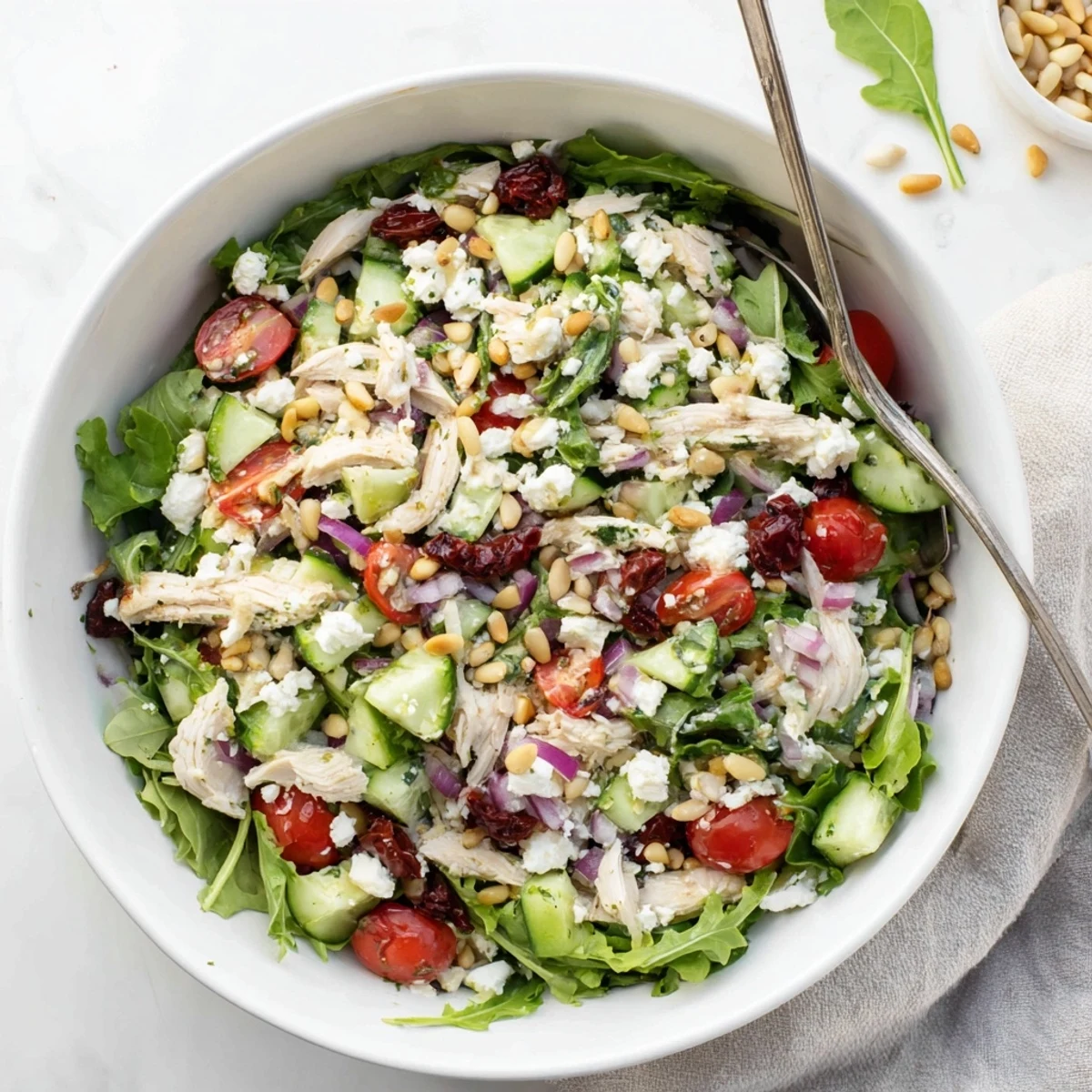 Colorful sun-dried tomato chicken salad bowl with mixed greens, feta cheese, and fresh vegetables drizzled with balsamic dressing