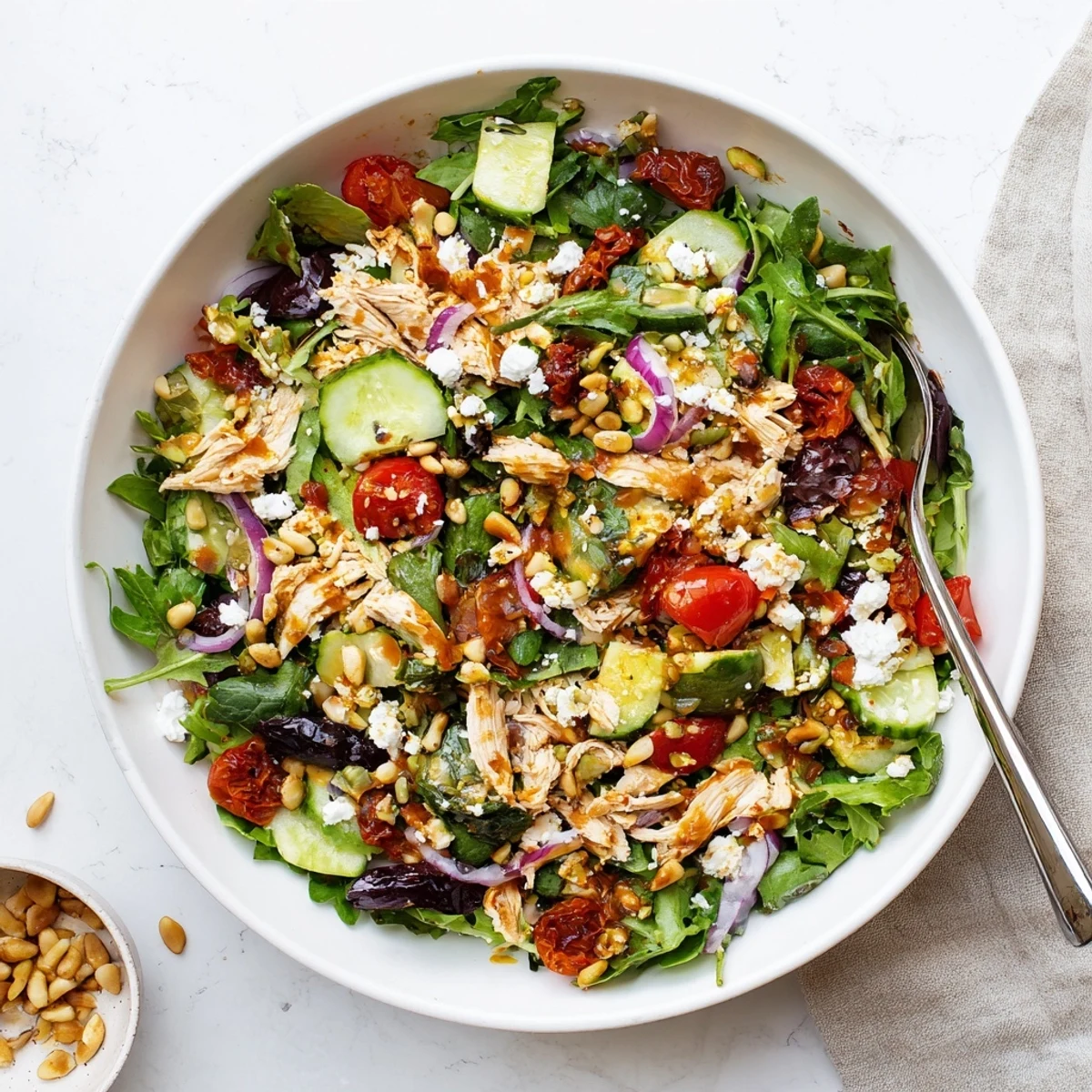 Protein-packed sun-dried tomato chicken salad plated with crisp vegetables, toasted pine nuts, and tangy feta cheese topping