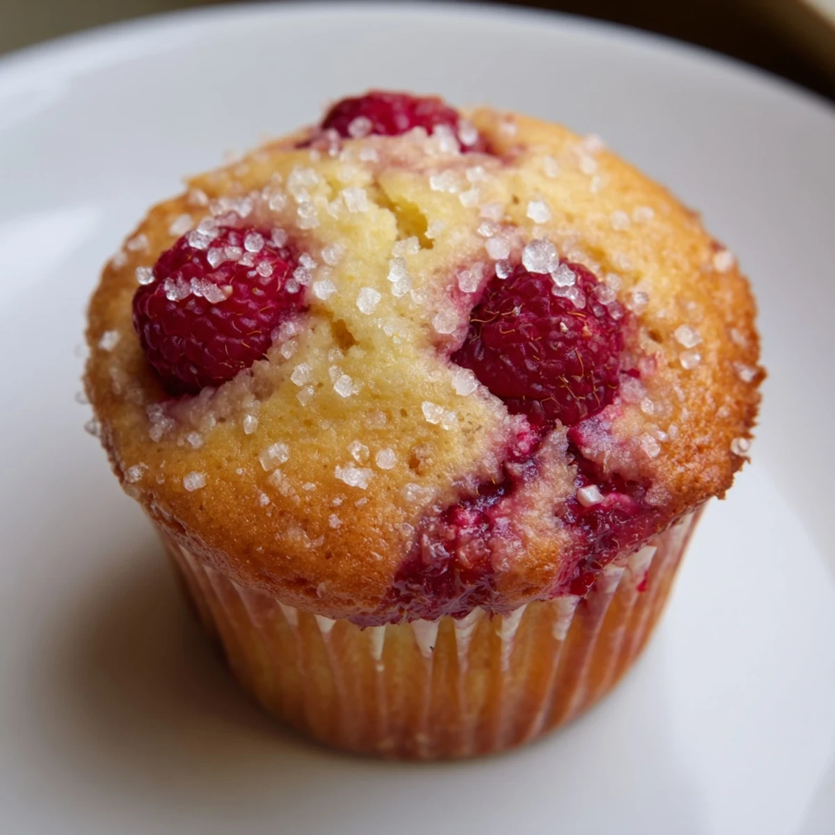 Golden raspberry lemon ricotta muffins topped with coarse sugar and fresh berry pieces