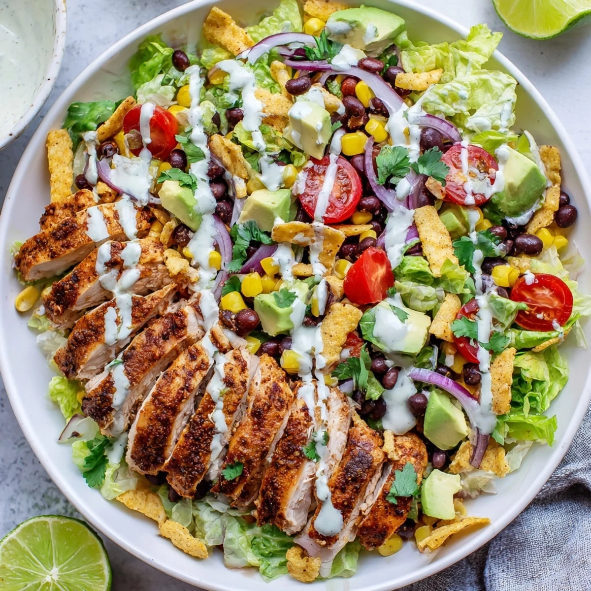 Colorful Southwestern chicken salad bowl with grilled sliced chicken, fresh vegetables, and zesty dressing