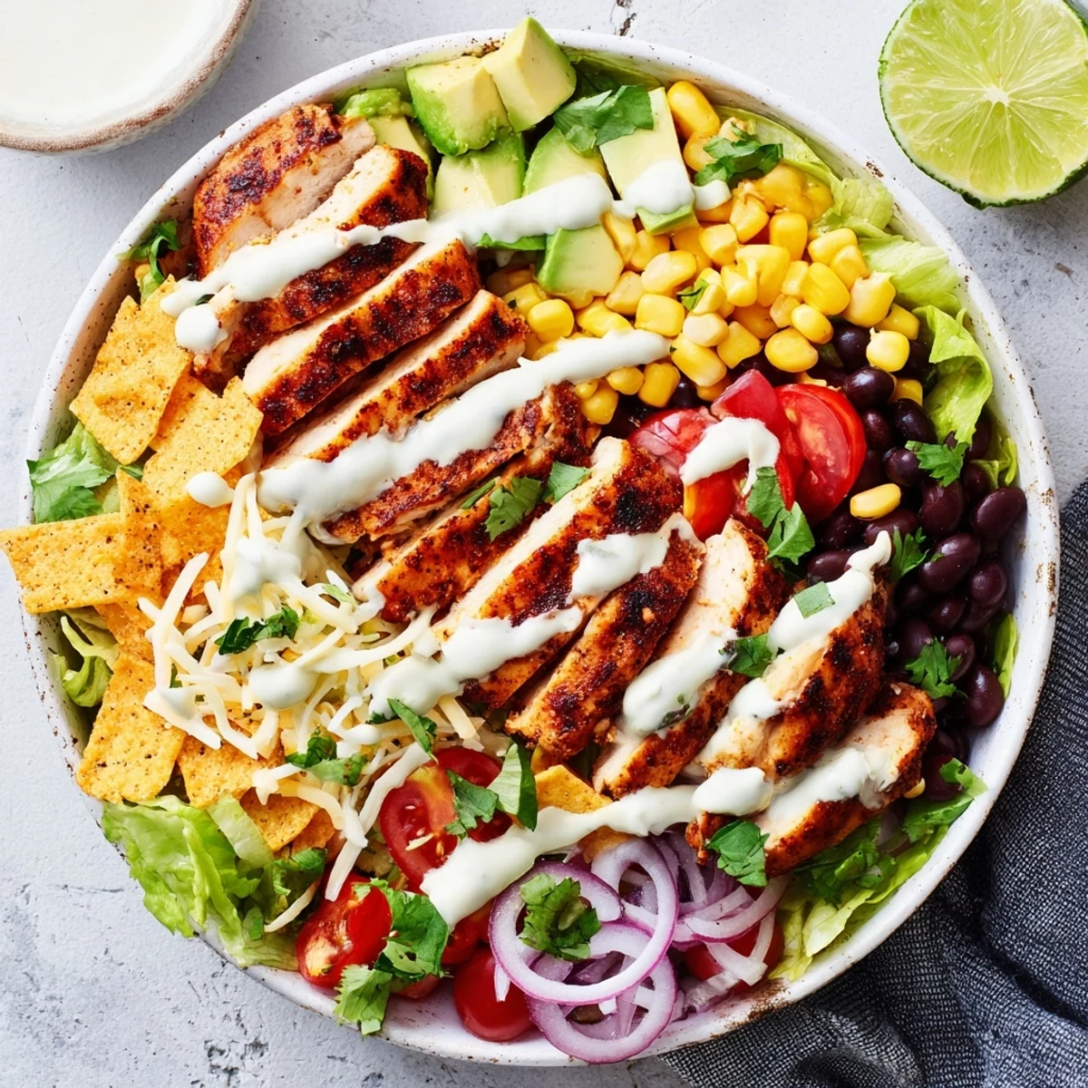 Hearty Southwestern chicken salad featuring spiced grilled chicken over crisp lettuce, beans, corn, and creamy avocado