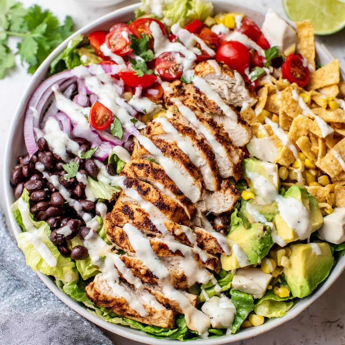 Vibrant Southwestern chicken salad with juicy seasoned chicken breast, colorful vegetables, and tangy lime dressing