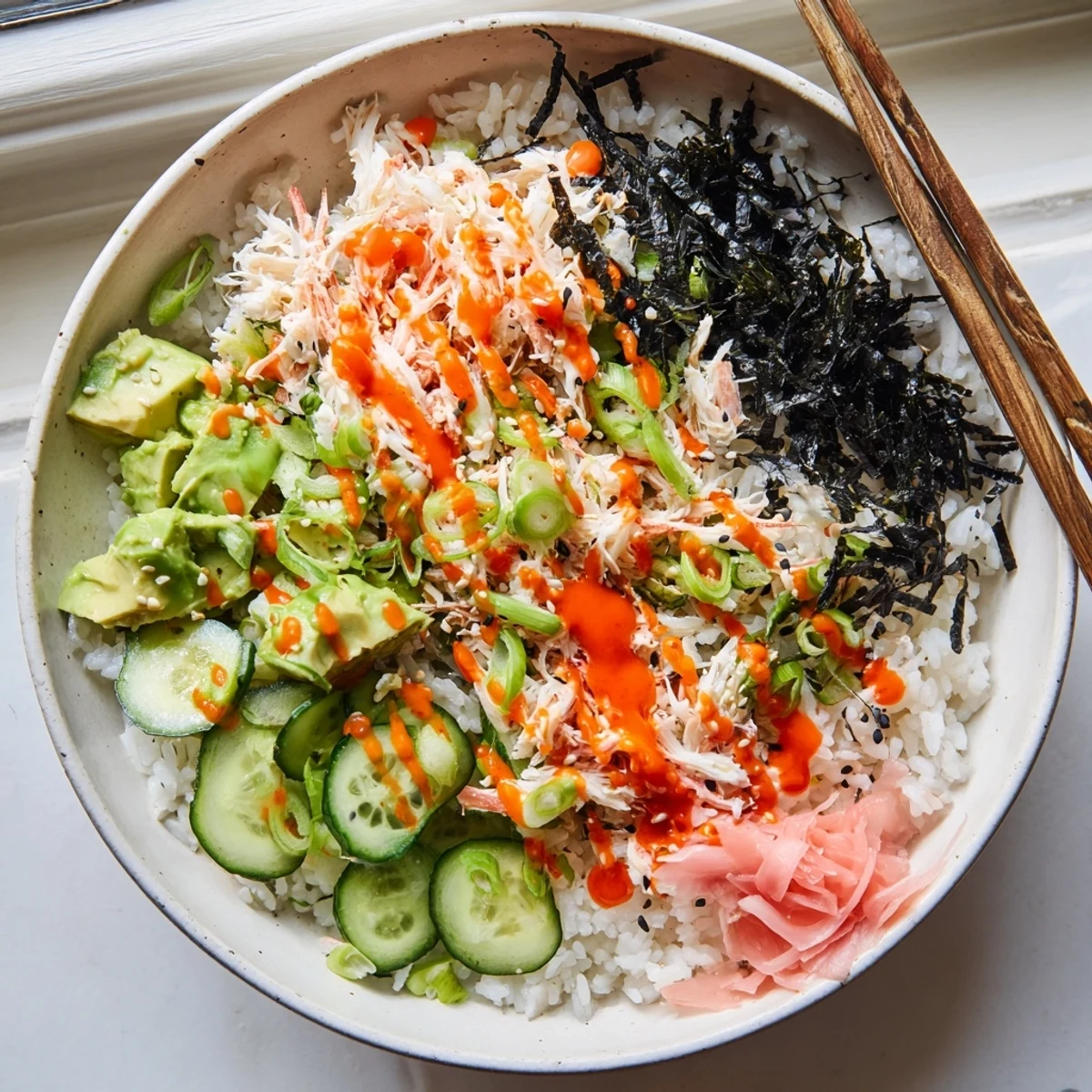 Deconstructed California roll sushi bowl with rice, fresh vegetables and spicy mayo drizzle