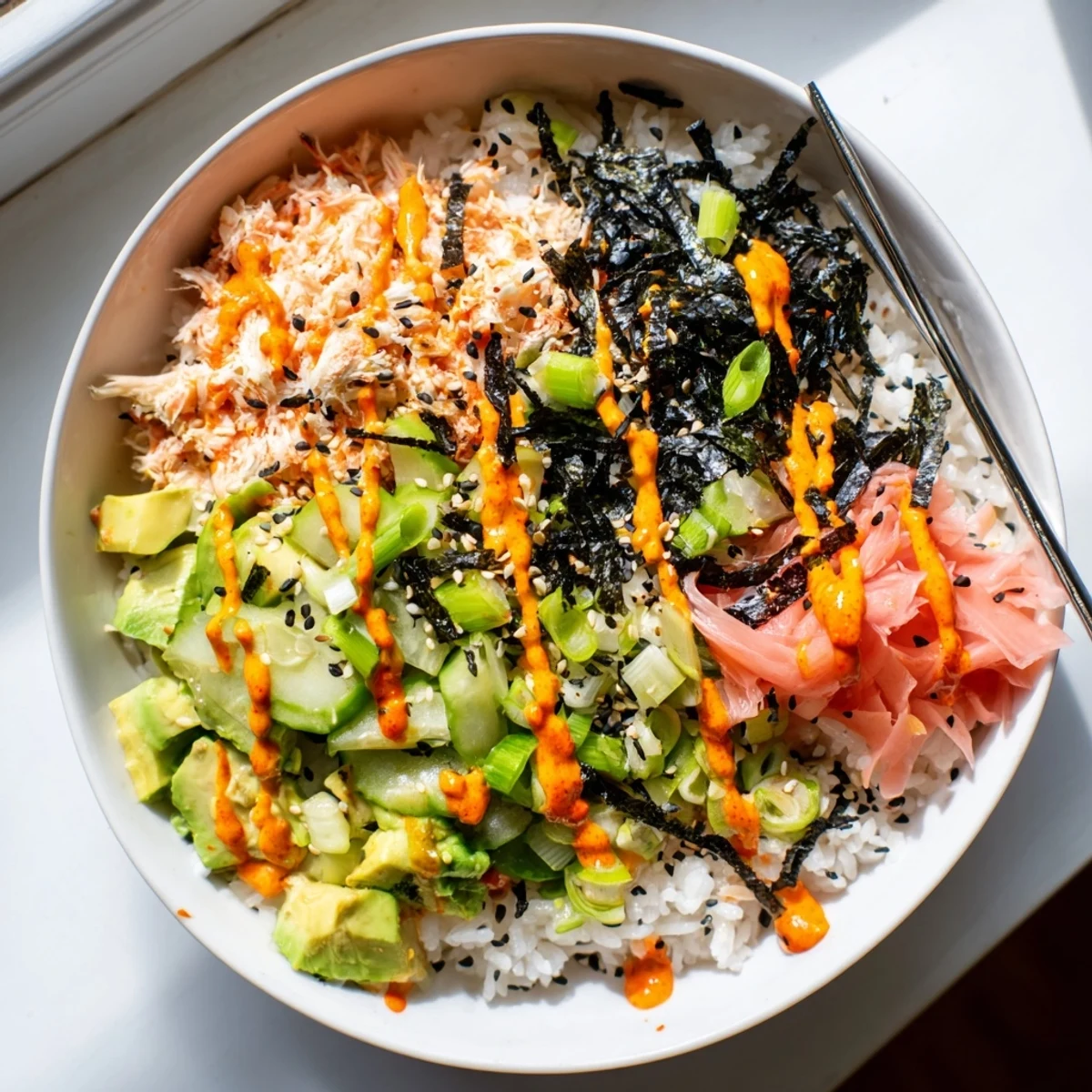 Easy California roll sushi bowls arranged with nori strips, ginger and crisp vegetables