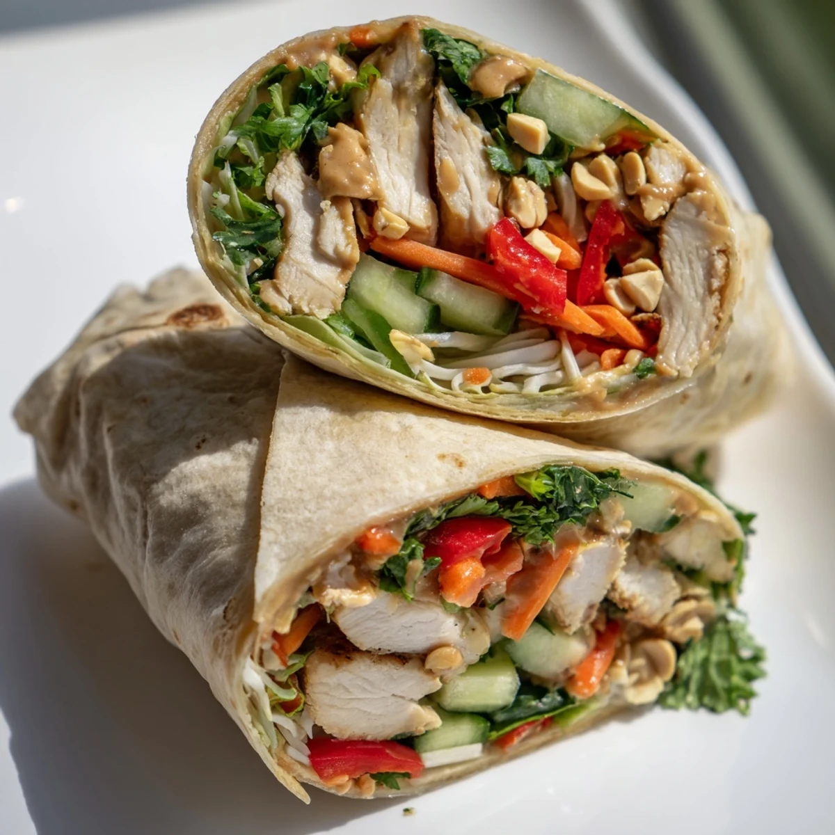 Freshly grilled Thai peanut chicken wraps sliced in half revealing colorful vegetables and creamy peanut sauce