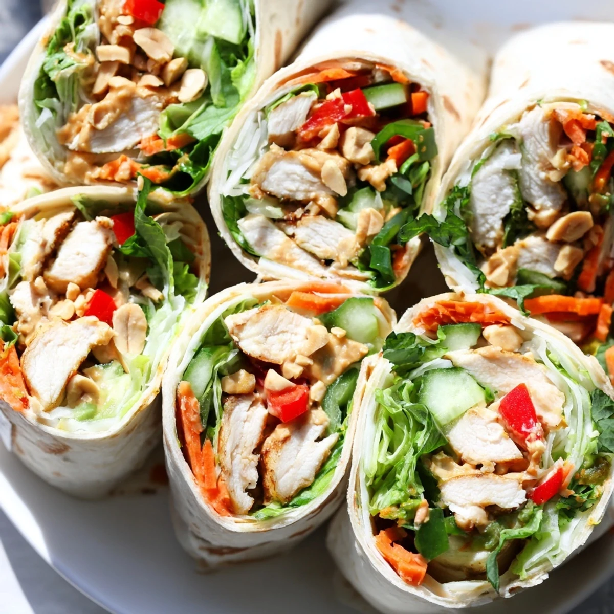 Whole wheat tortilla rolled with sliced marinated chicken crisp vegetables and drizzled with spicy peanut sauce