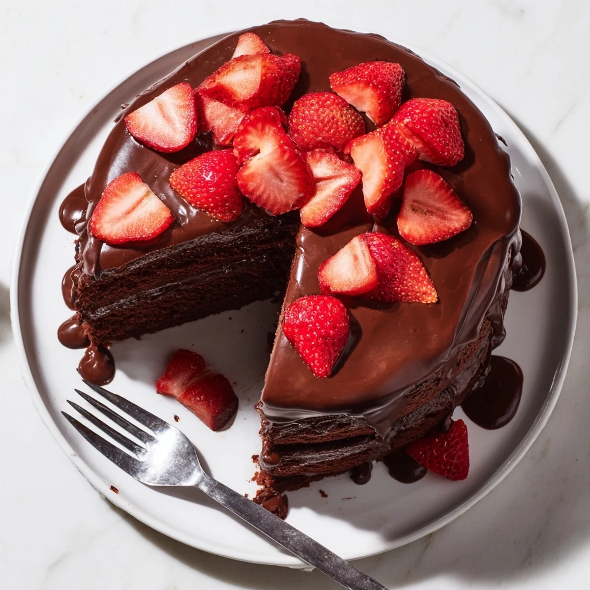 Moist chocolate layers stacked with fresh strawberries and rich chocolate ganache topping