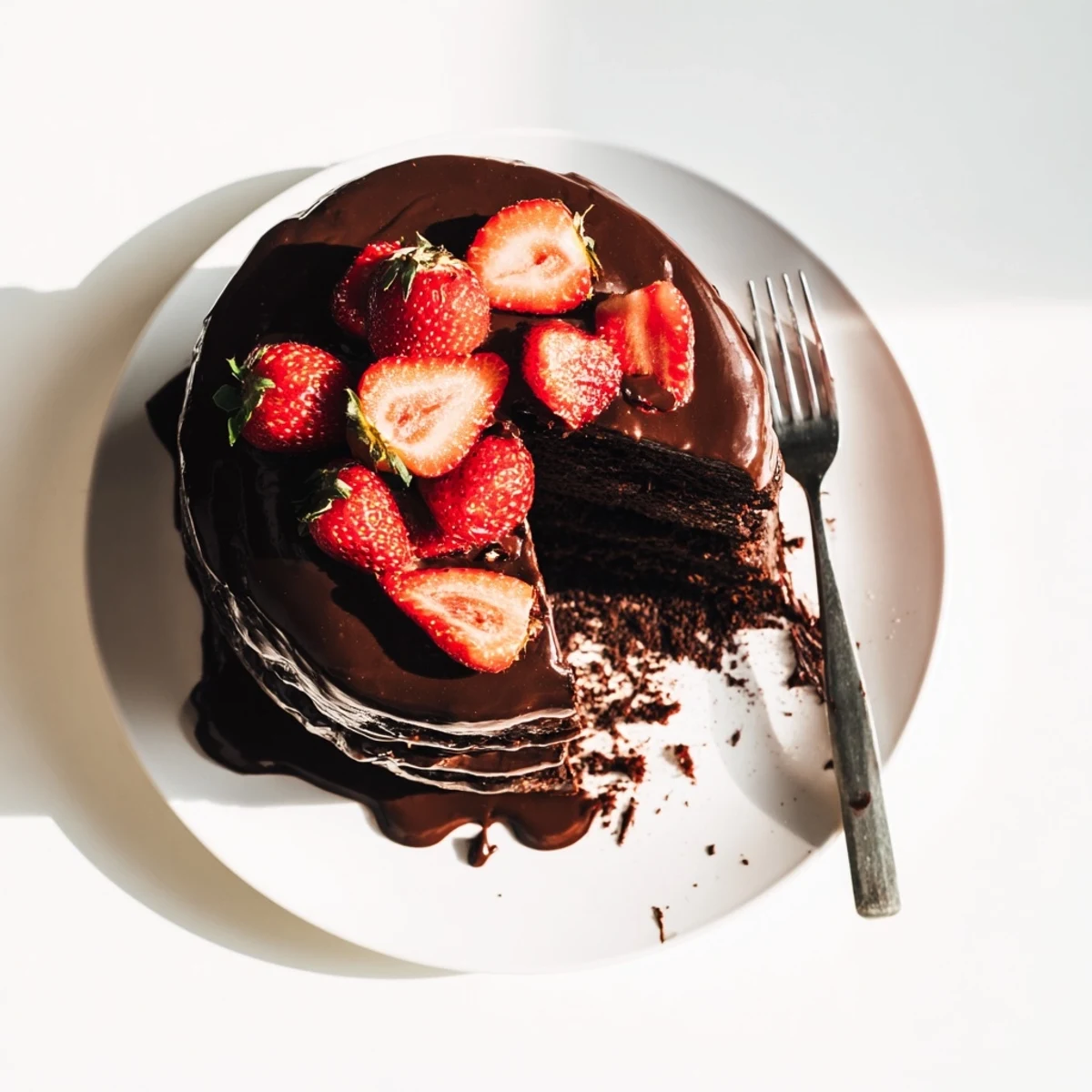 Decadent strawberry chocolate cake with glossy ganache dripping down the sides