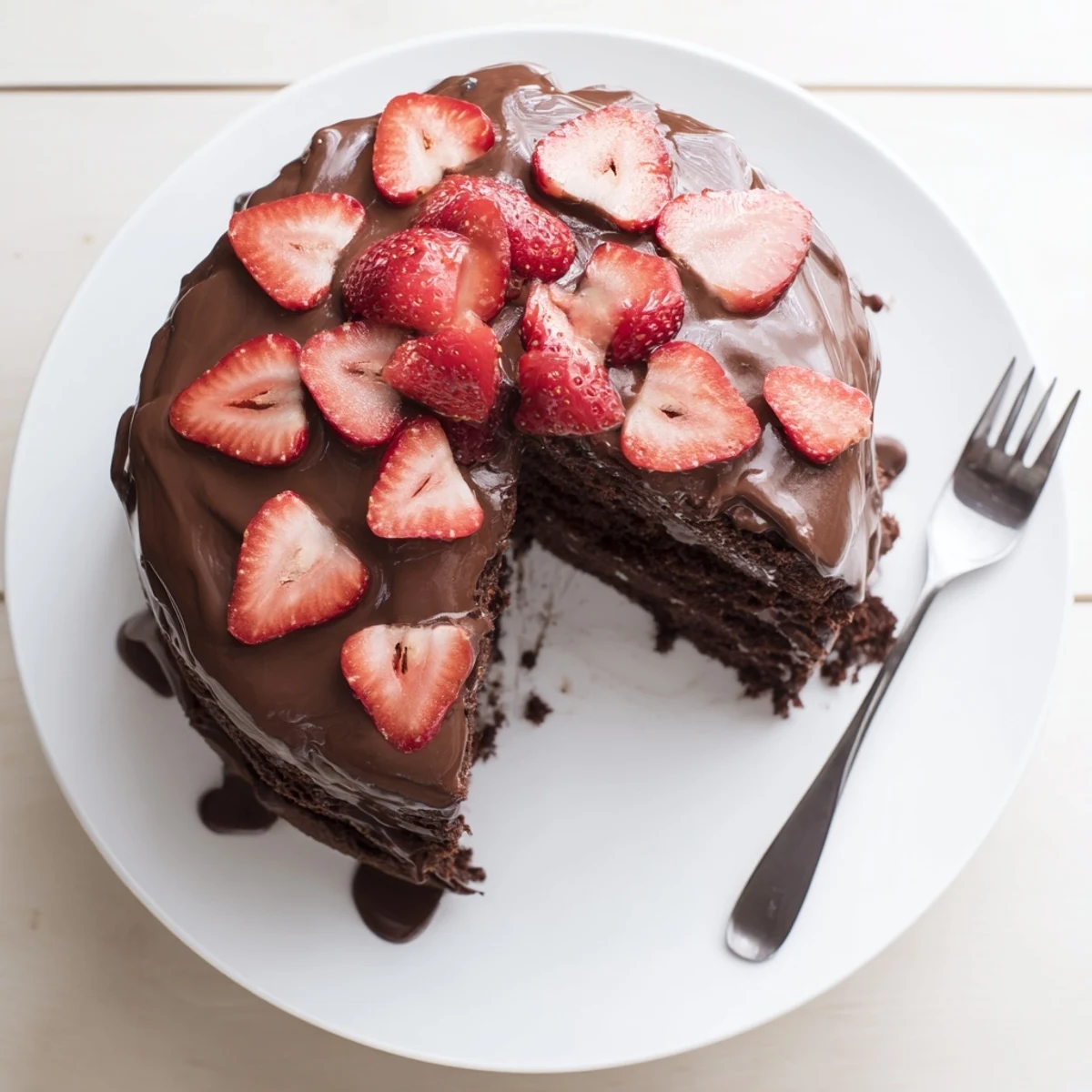 Slice of strawberry chocolate cake showing strawberries between moist chocolate cake layers