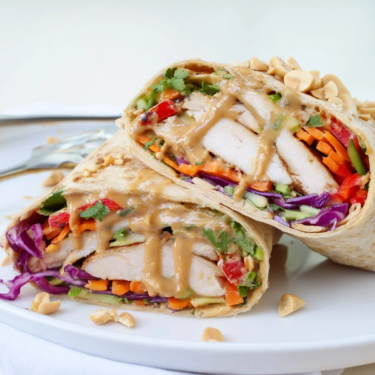 Thai Peanut Chicken Wraps sliced, showing juicy chicken and crunchy colorful veggies