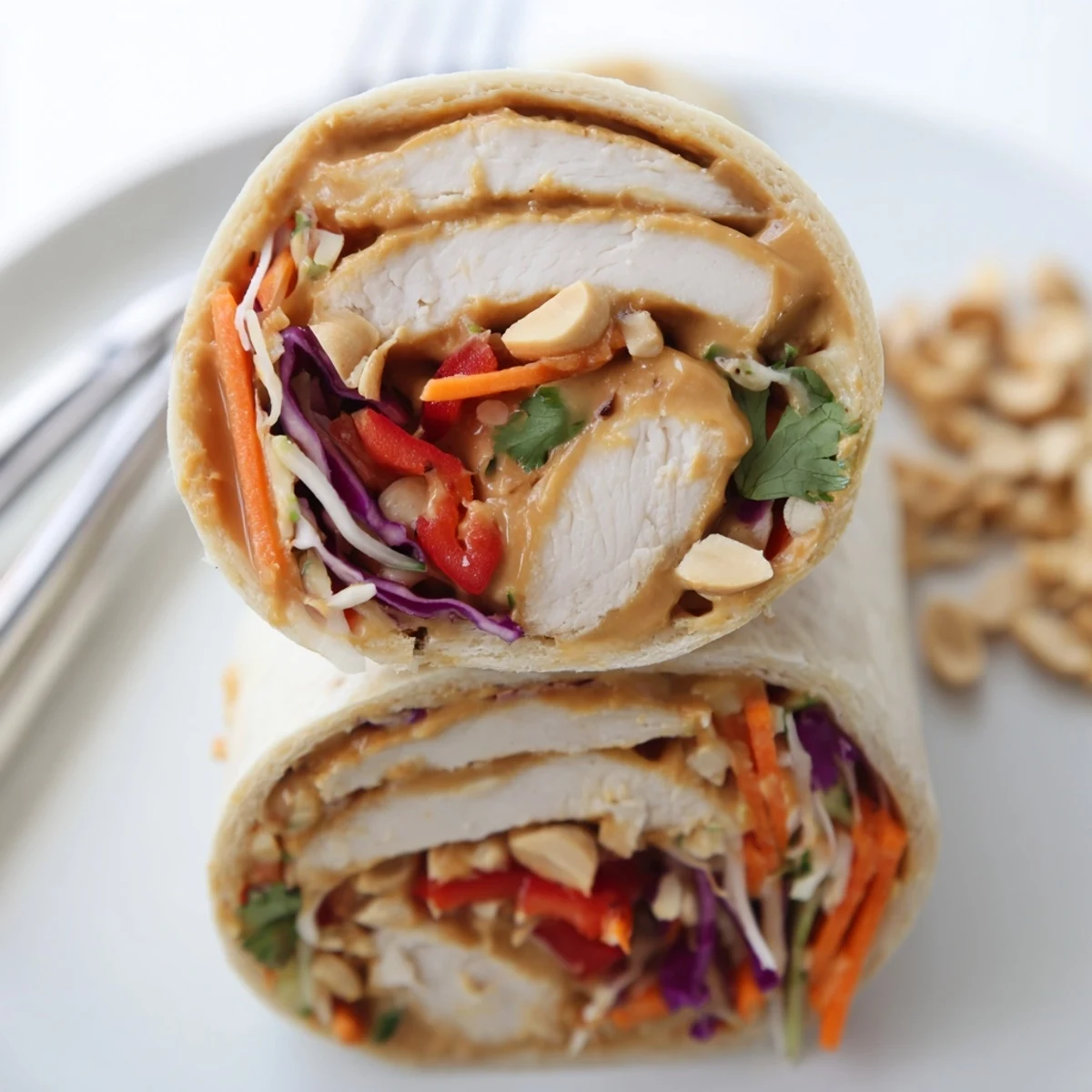 Grilled chicken and crisp vegetables in Thai Peanut Chicken Wraps, perfect lunch