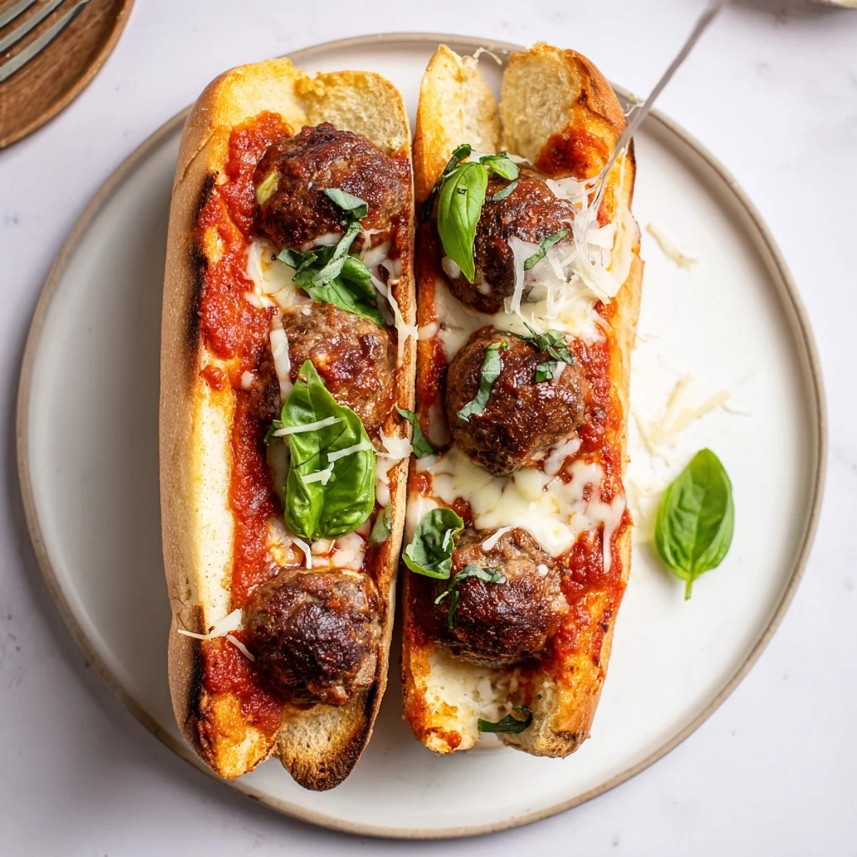 Warm Cheesy Meatball Subs sliced open, saucy meatballs oozing rich tomato