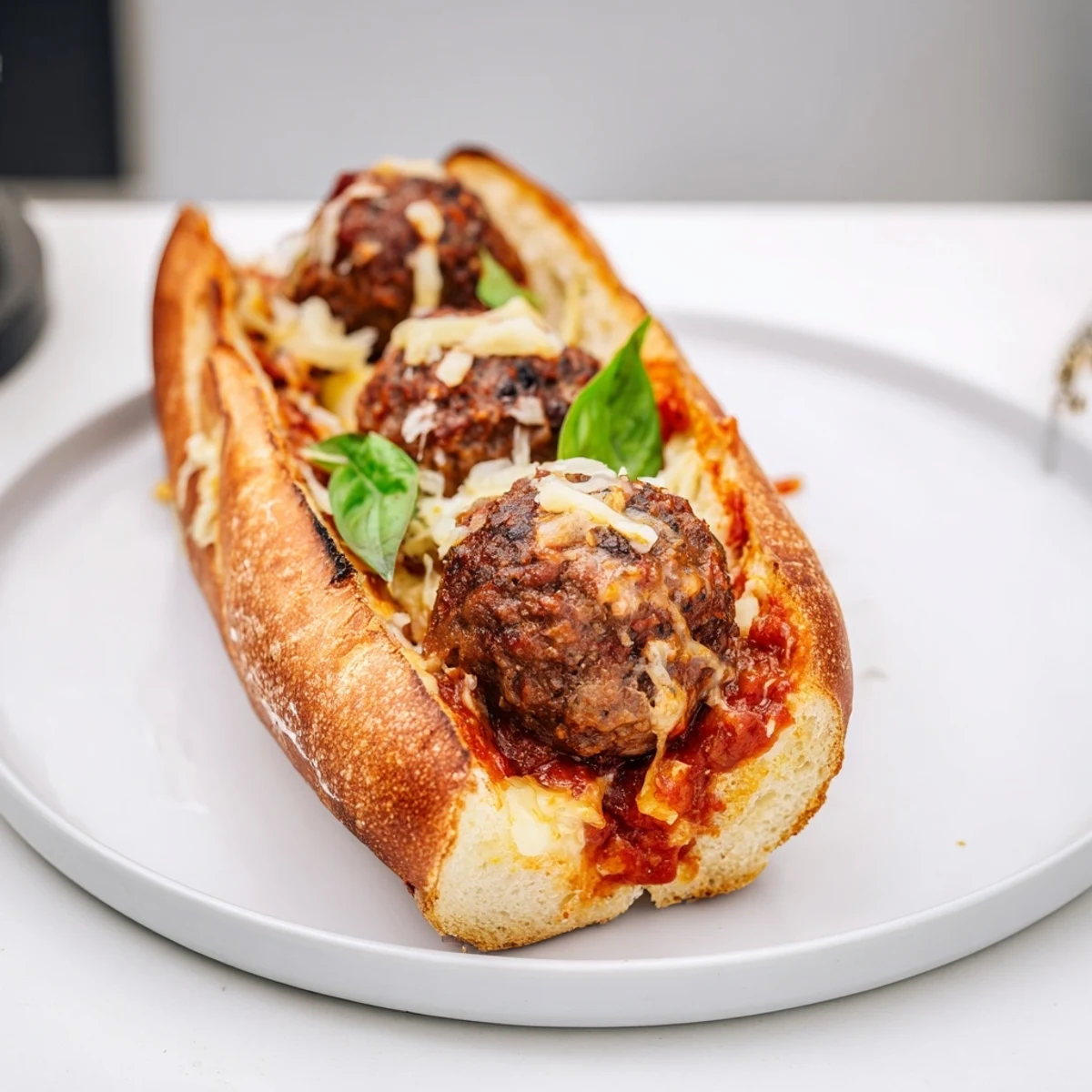 Cheesy Meatball Subs with bubbling mozzarella, toasted rolls and fragrant basil