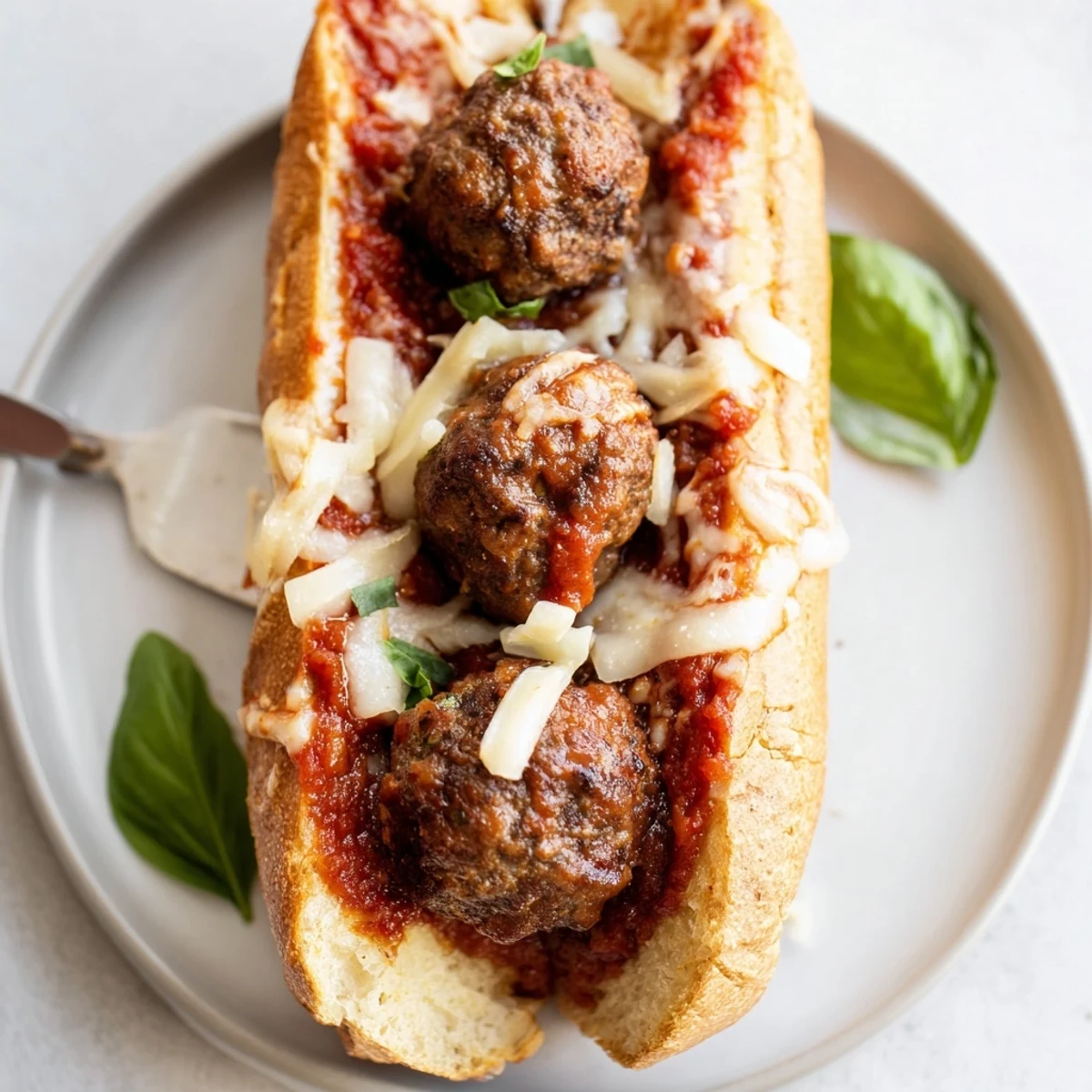 Oven-broiled Cheesy Meatball Subs topped with golden melted cheese, served hot