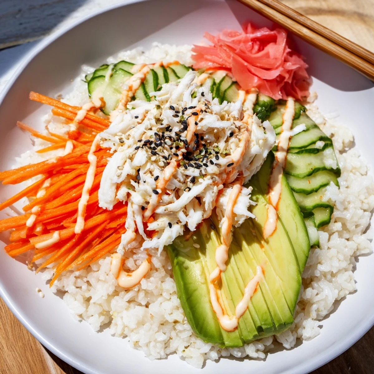 California Roll Sushi Bowls with creamy avocado, shredded crab, and toasted sesame  
