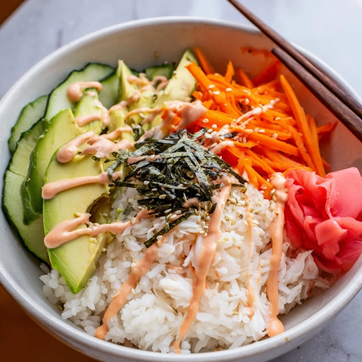 Heaped California Roll Sushi Bowls on a white bowl, pickled ginger, soy sauce  