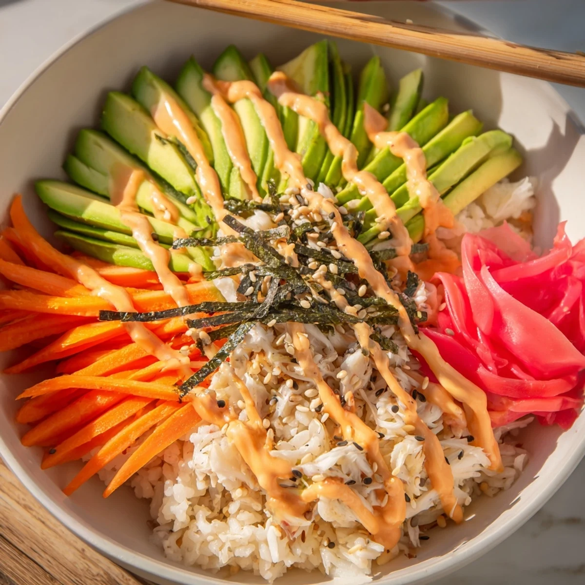 Bright California Roll Sushi Bowls topped with spicy mayo drizzle and crisp nori