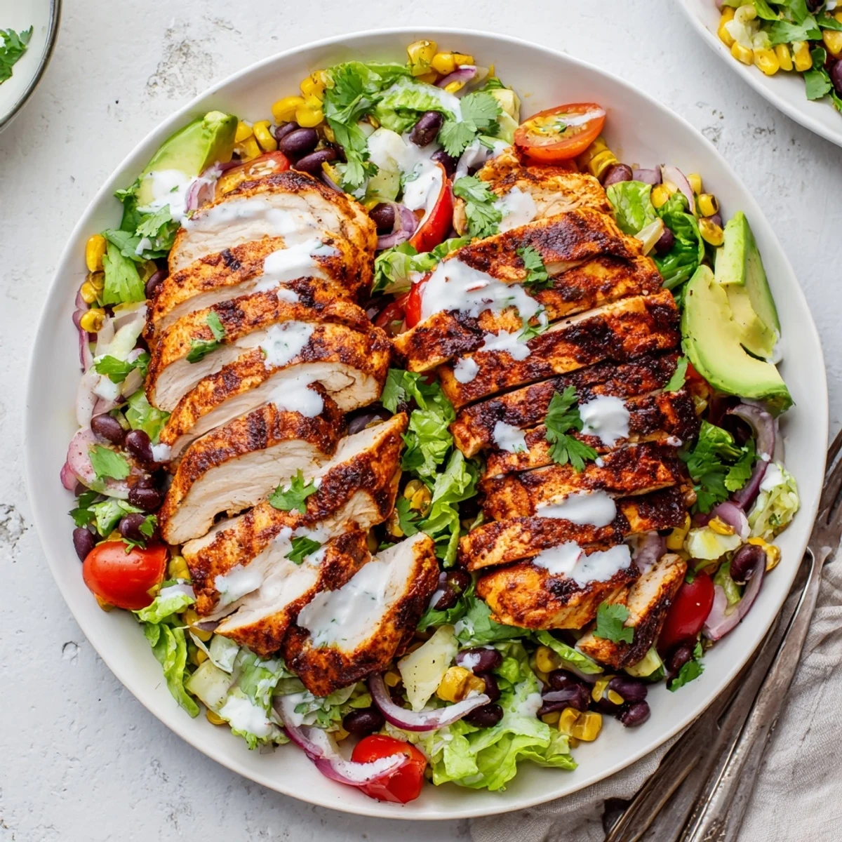Grilled Southwestern Chicken Salad topped with charred corn, creamy avocado, cilantro.